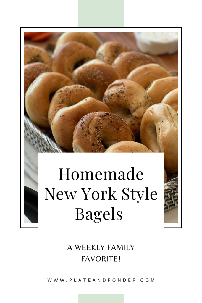 Homemade New York style bagels displayed in a basket with text overlay promoting an easy homemade bagel recipe and weekly family favorite.